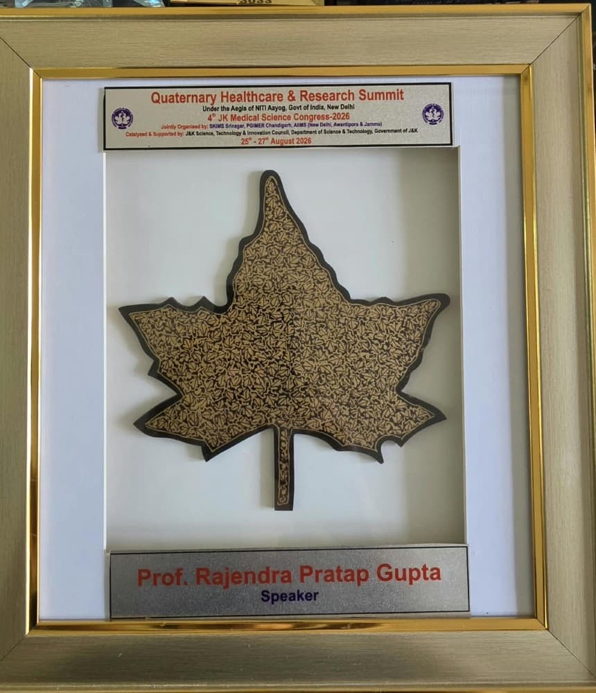 Plaque presented to Prof. Rajendra Pratap Gupta at the Quaternary Healthcare and Research Summit