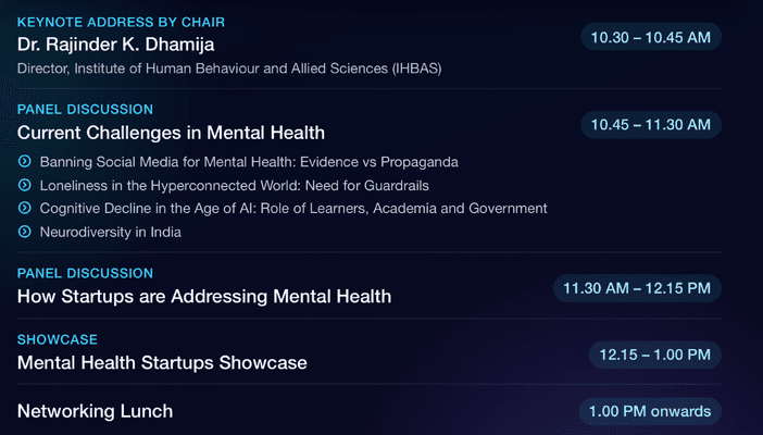 GDHS 2026 spotlight agenda: keynote by Dr. Rajinder K. Dhamija, panels on mental health challenges and startups, a startup showcase, and networking lunch